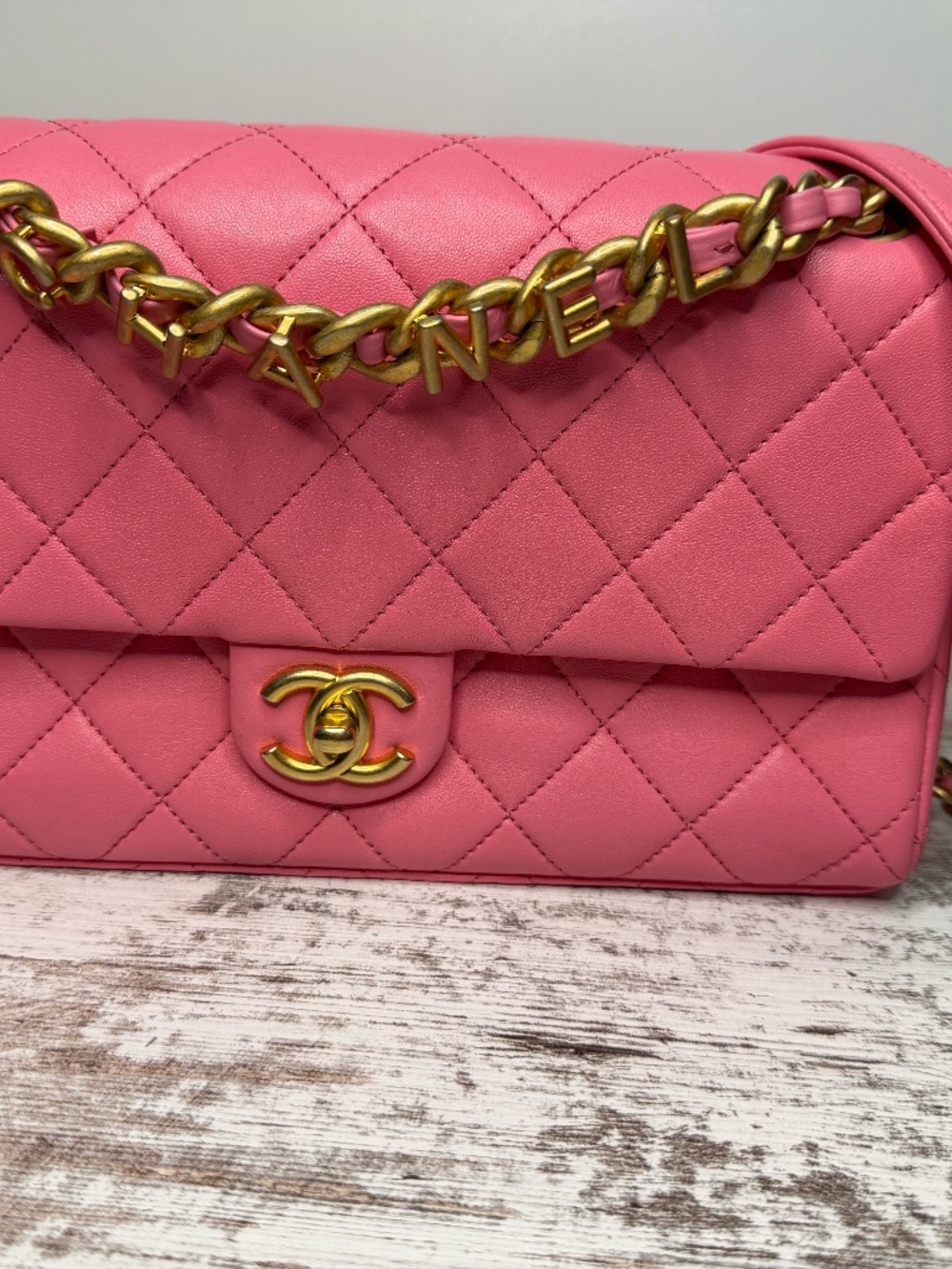 Chanel Logo Letters Touch Chain Flap Bag Quilted Lambskin Medium